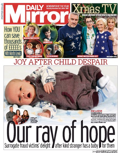 Daily Mirror Newspaper Front Page (UK) for 22 November 2016