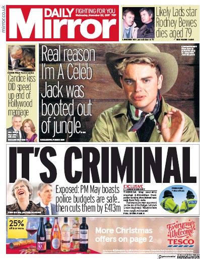 Daily Mirror Newspaper Front Page (UK) for 22 November 2017