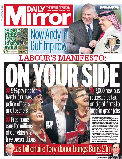 Daily Mirror Newspaper Front Page (UK) for 22 November 2019