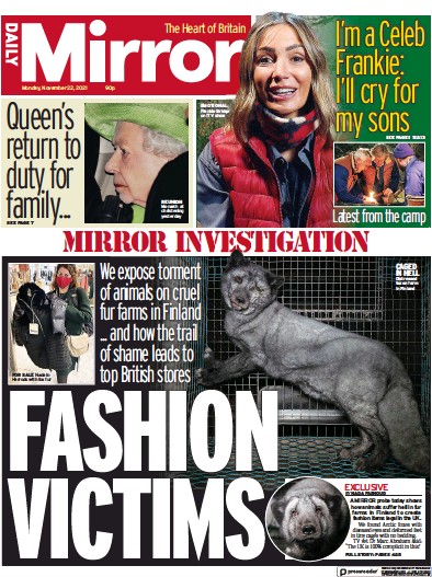 Daily Mirror Newspaper Front Page (UK) for 22 November 2021