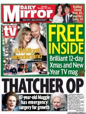 Daily Mirror Newspaper Front Page (UK) for 22 December 2012