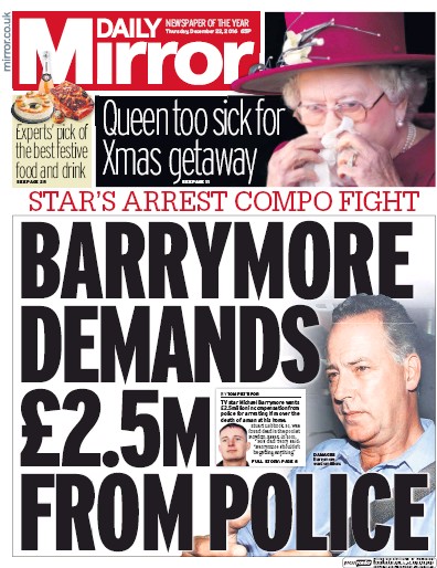 Daily Mirror Newspaper Front Page (UK) for 22 December 2016