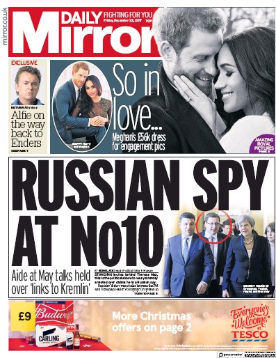 Daily Mirror Newspaper Front Page (UK) for 22 December 2017