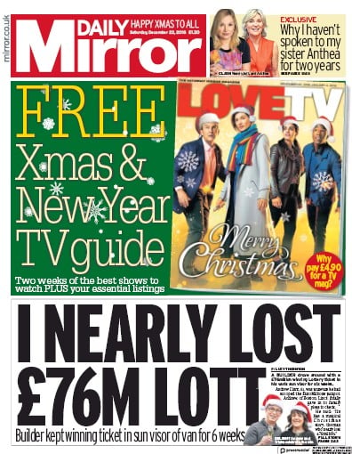 Daily Mirror Newspaper Front Page (UK) for 22 December 2018