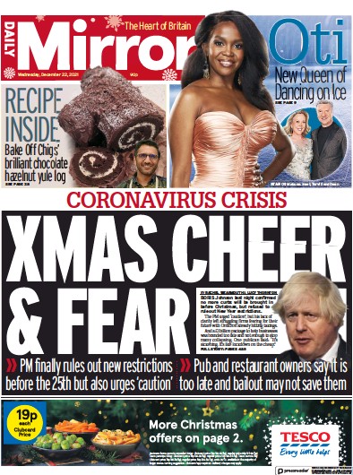 Daily Mirror Newspaper Front Page (UK) for 22 December 2021
