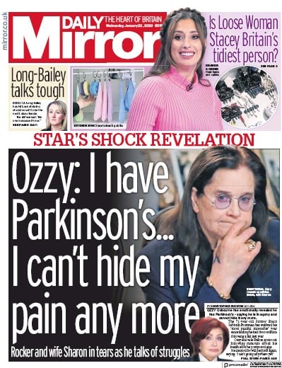 Daily Mirror Newspaper Front Page (UK) for 22 January 2020