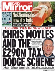 Daily Mirror Newspaper Front Page (UK) for 22 February 2014