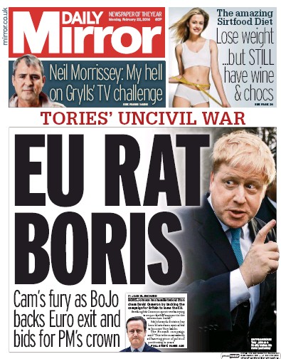 Daily Mirror Newspaper Front Page (UK) for 22 February 2016