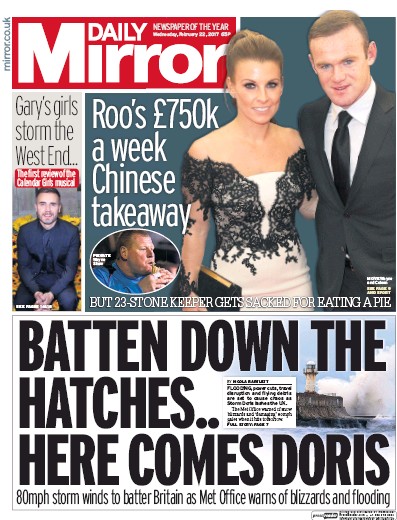 Daily Mirror Newspaper Front Page (UK) for 22 February 2017