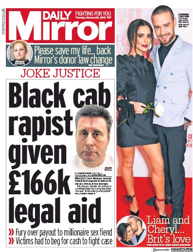 Daily Mirror Newspaper Front Page (UK) for 22 February 2018