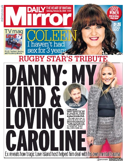 Daily Mirror Newspaper Front Page (UK) for 22 February 2020