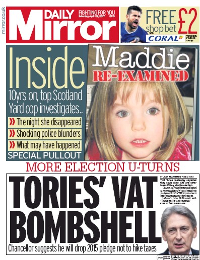 Daily Mirror Newspaper Front Page (UK) for 22 April 2017