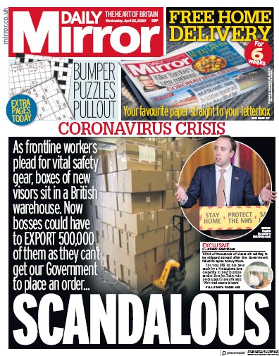 Daily Mirror Newspaper Front Page (UK) for 22 April 2020