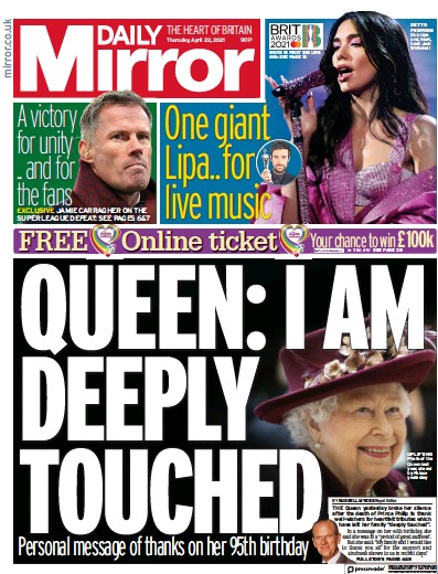 Daily Mirror Newspaper Front Page (UK) for 22 April 2021