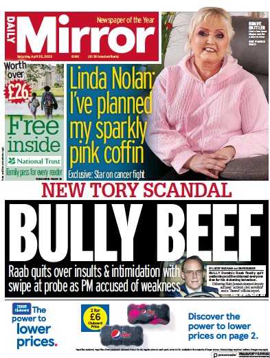 Daily Mirror Newspaper Front Page (UK) for 22 April 2023