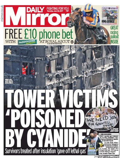 Daily Mirror Newspaper Front Page (UK) for 22 June 2017