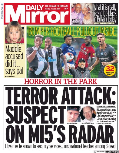 Daily Mirror Newspaper Front Page (UK) for 22 June 2020
