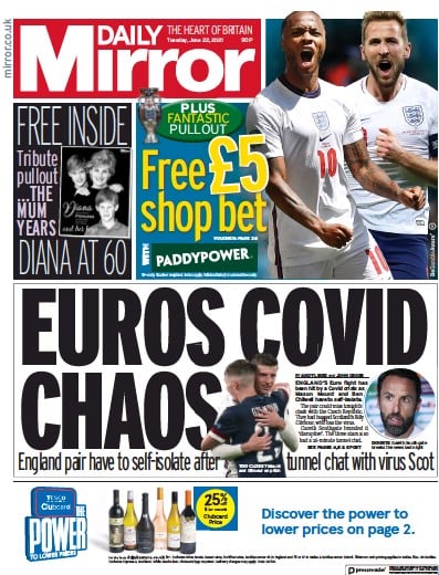 Daily Mirror Newspaper Front Page (UK) for 22 June 2021