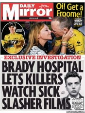 Daily Mirror Newspaper Front Page (UK) for 22 July 2013