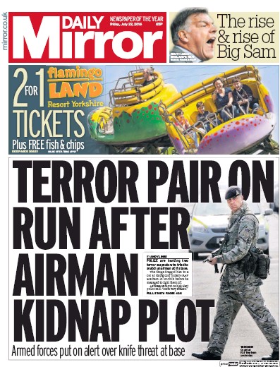 Daily Mirror Newspaper Front Page (UK) for 22 July 2016