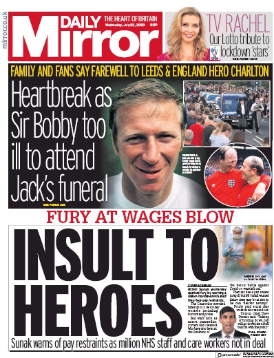 Daily Mirror Newspaper Front Page (UK) for 22 July 2020