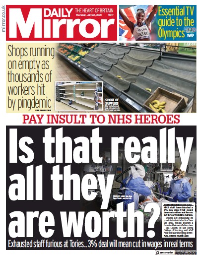 Daily Mirror Newspaper Front Page (UK) for 22 July 2021