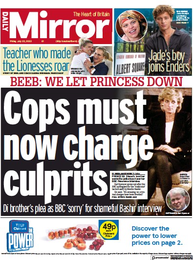 Daily Mirror Newspaper Front Page (UK) for 22 July 2022