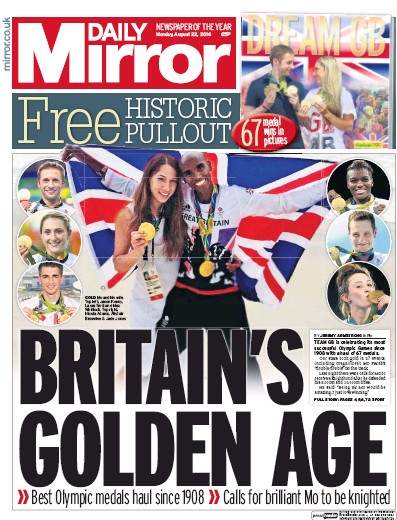 Daily Mirror Newspaper Front Page (UK) for 22 August 2016