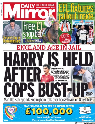 Daily Mirror Newspaper Front Page (UK) for 22 August 2020