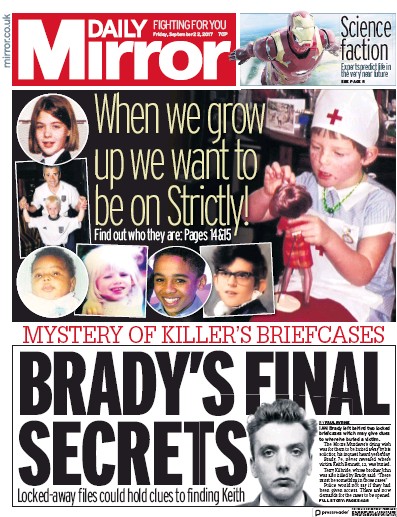 Daily Mirror Newspaper Front Page (UK) for 22 September 2017