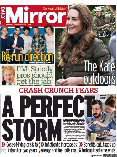 Daily Mirror Newspaper Front Page (UK) for 22 September 2021