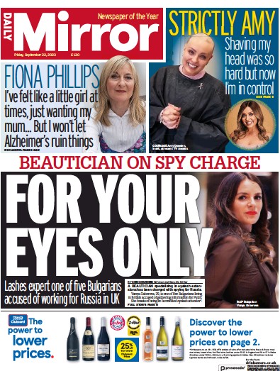 Daily Mirror Newspaper Front Page (UK) for 22 September 2023