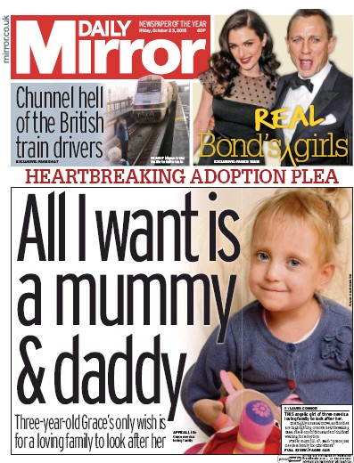 Daily Mirror Newspaper Front Page (UK) for 23 October 2015