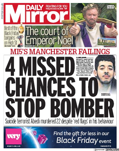 Daily Mirror Newspaper Front Page (UK) for 23 November 2018