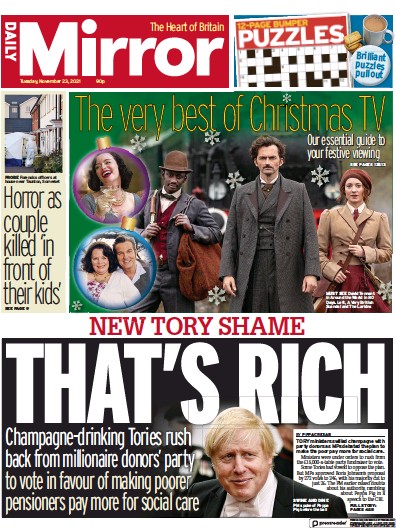 Daily Mirror Newspaper Front Page (UK) for 23 November 2021