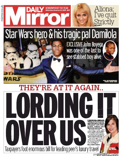 Daily Mirror Newspaper Front Page (UK) for 23 December 2015