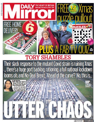 Daily Mirror Newspaper Front Page (UK) for 23 December 2020
