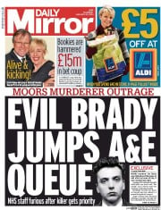 Daily Mirror Newspaper Front Page (UK) for 23 January 2014