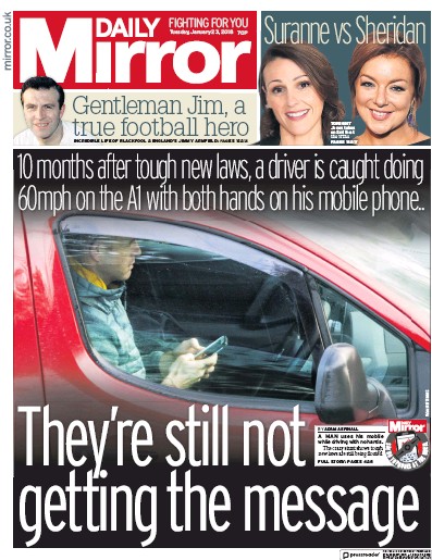 Daily Mirror Newspaper Front Page (UK) for 23 January 2018