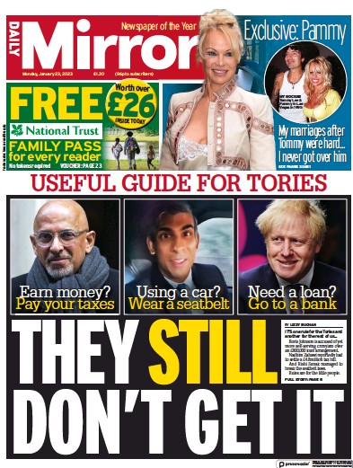 Daily Mirror Newspaper Front Page (UK) for 23 January 2023