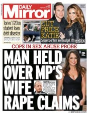 Daily Mirror Newspaper Front Page (UK) for 23 February 2015