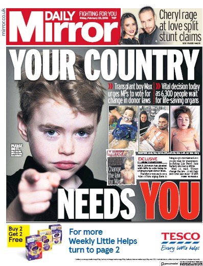 Daily Mirror Newspaper Front Page (UK) for 23 February 2018