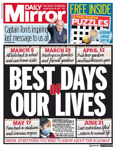 Daily Mirror Newspaper Front Page (UK) for 23 February 2021