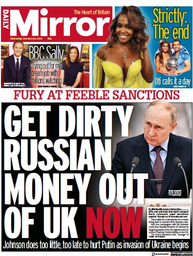 Daily Mirror Newspaper Front Page (UK) for 23 February 2022