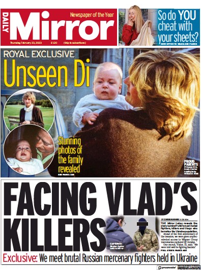 Daily Mirror Newspaper Front Page (UK) for 23 February 2023