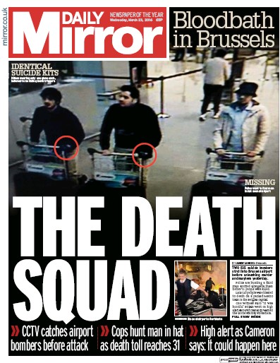 Daily Mirror Newspaper Front Page (UK) for 23 March 2016