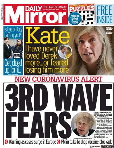 Daily Mirror Newspaper Front Page (UK) for 23 March 2021
