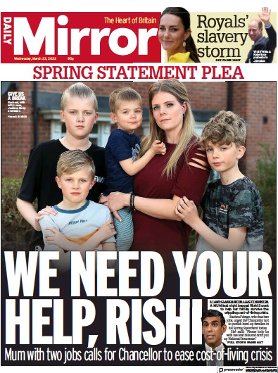 Daily Mirror Newspaper Front Page (UK) for 23 March 2022