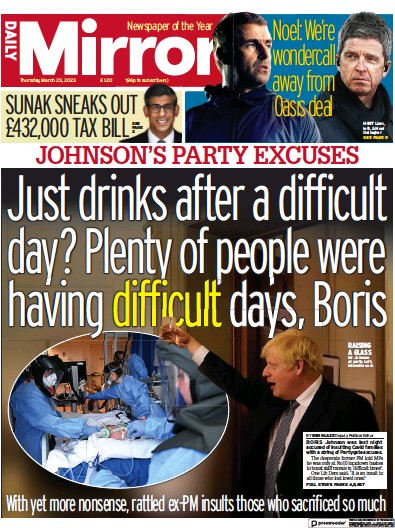 Daily Mirror Newspaper Front Page (UK) for 23 March 2023