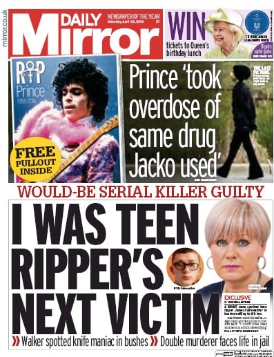 Daily Mirror Newspaper Front Page (UK) for 23 April 2016